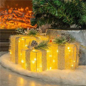3Pcs Christmas Lighted Gift Boxes, Plug in 60 LED Max. Size 7.5 x 7.5 x7.1 Inch